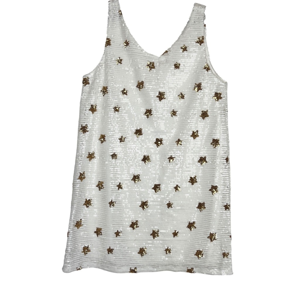 White Sequin Star Slip Dress with Gold Embellishments